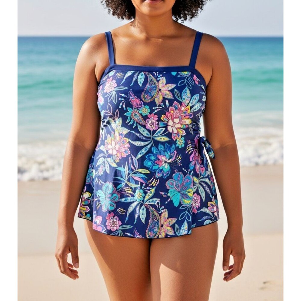 Maxine of Hollywood Swimdress 20W Blue Purple Floral Side Tie One Piece Swimsuit